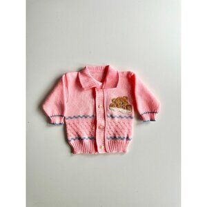 Vintage Handmade Neon Pink Acrylic Knit Bear Patch Cardigan Sweater, Size 2T